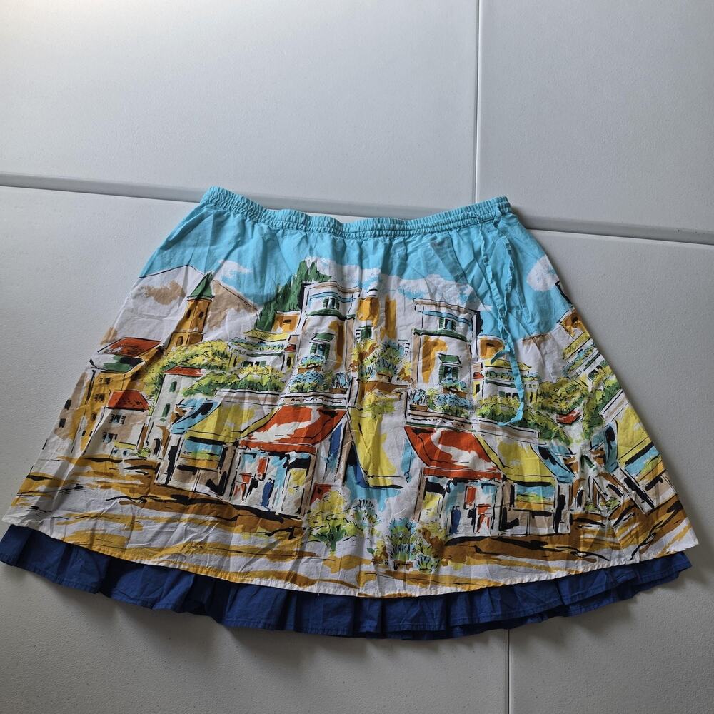 Garnet Hill Skirt Womens Medium Multicolor Village Print Ruffle Hem Flare